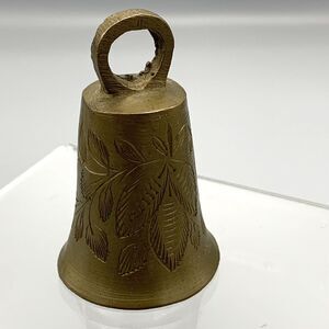 Vtg Solid Brass Bell Etched Leaves Bells of Sarna India Sugar Cane Dinner Bell